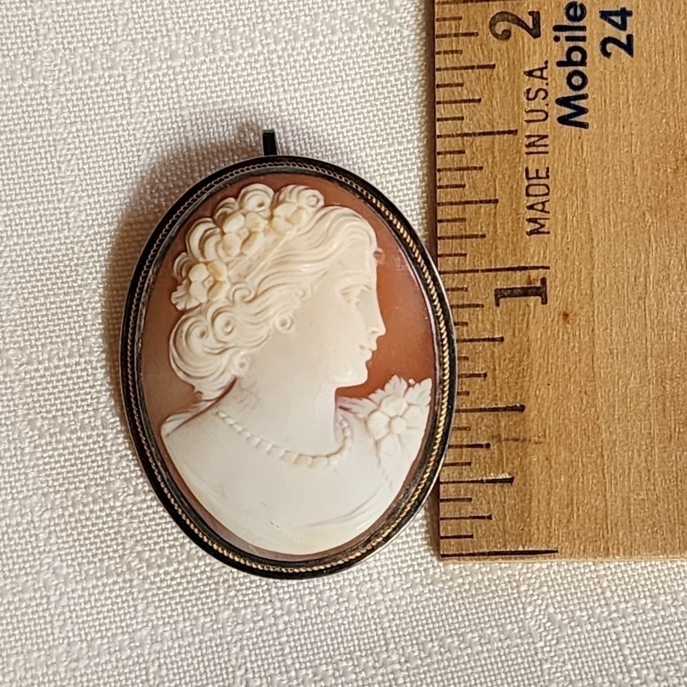 Antique Cameo Conch Shell Carved  Pendant BroochBezel set in Sterling Silver - Picture 5 of 8